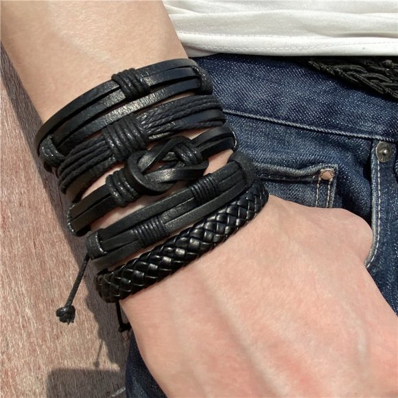 6pcs Men's Multilayer Leather Bracelet  (Braided) - ADJUSTABLE SIZES - Picture 1 of 3